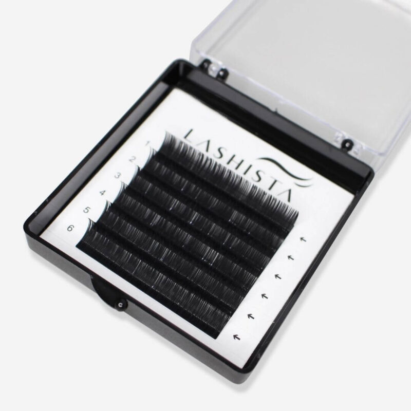 6 row tray of lashista synthetic mink lashes. angle