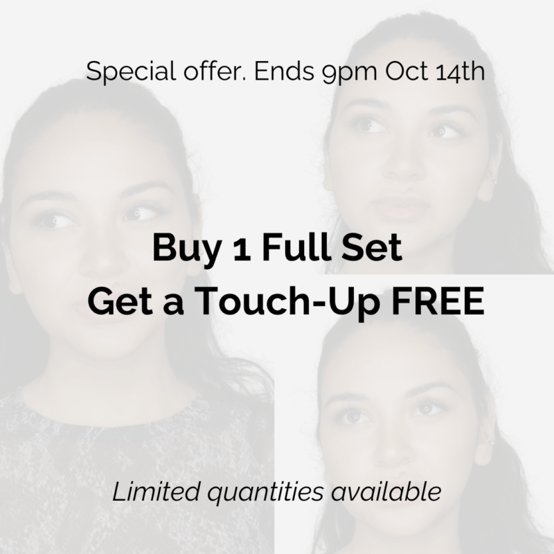 Promotional beauty offer with model's face, text overlay