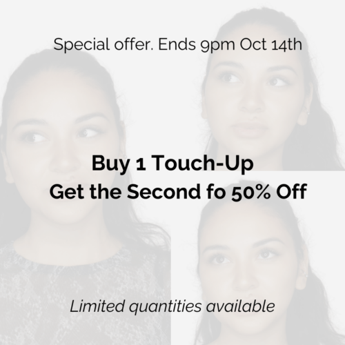 Promotional beauty touch-up ad, two women, text overlay